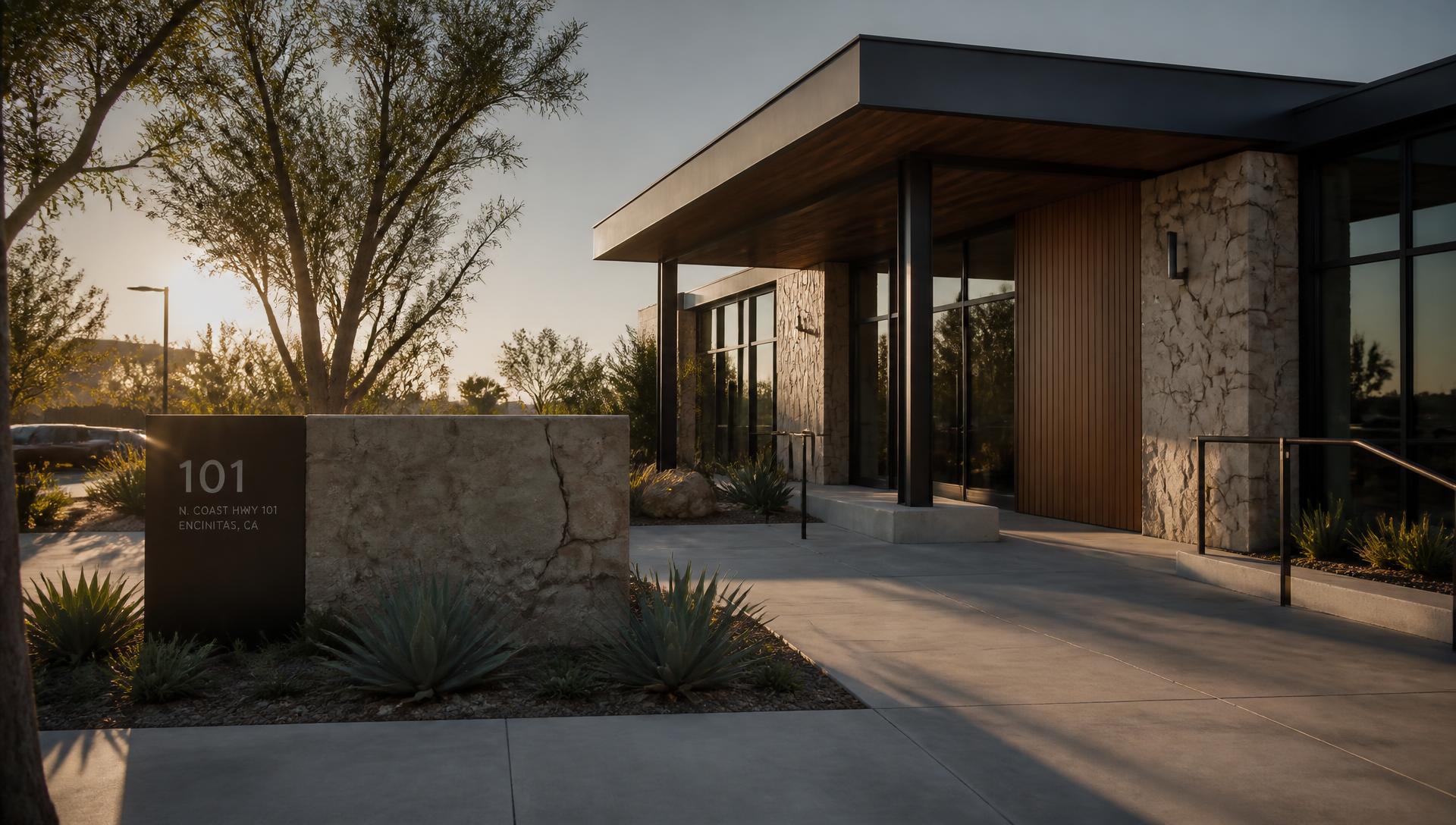 Modern California commercial property exterior at golden hour